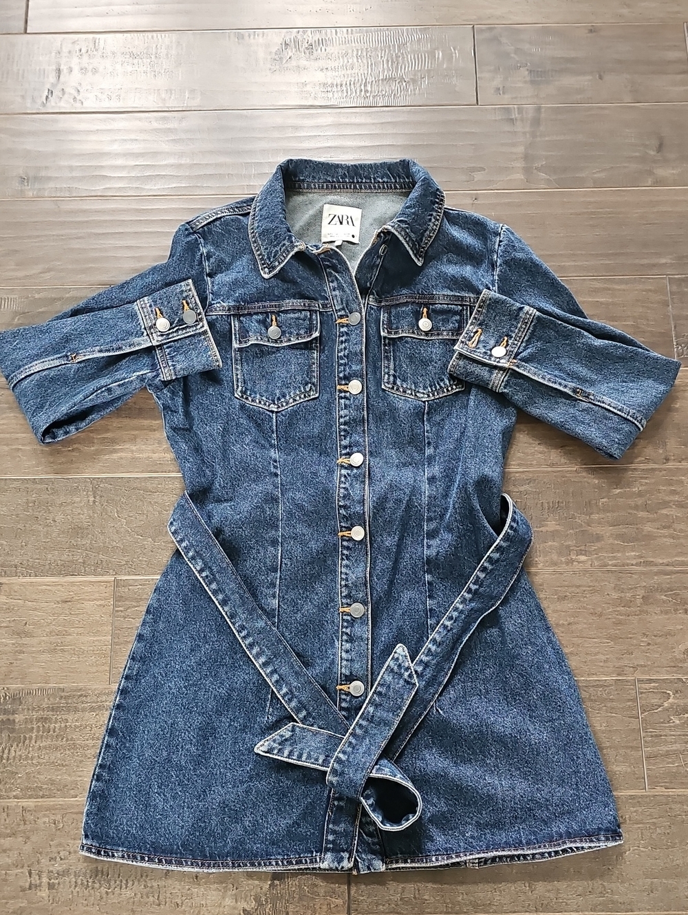 ZARA Dark Blue Denim Button-Front Jacket Dress with Tie - Sz Large - Picture 6 of 10